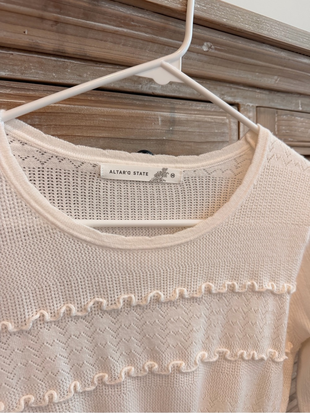 Altar'd State Ivory Pointelle Ruffle Trim Sweater (Size Medium) - Picture 4 of 10